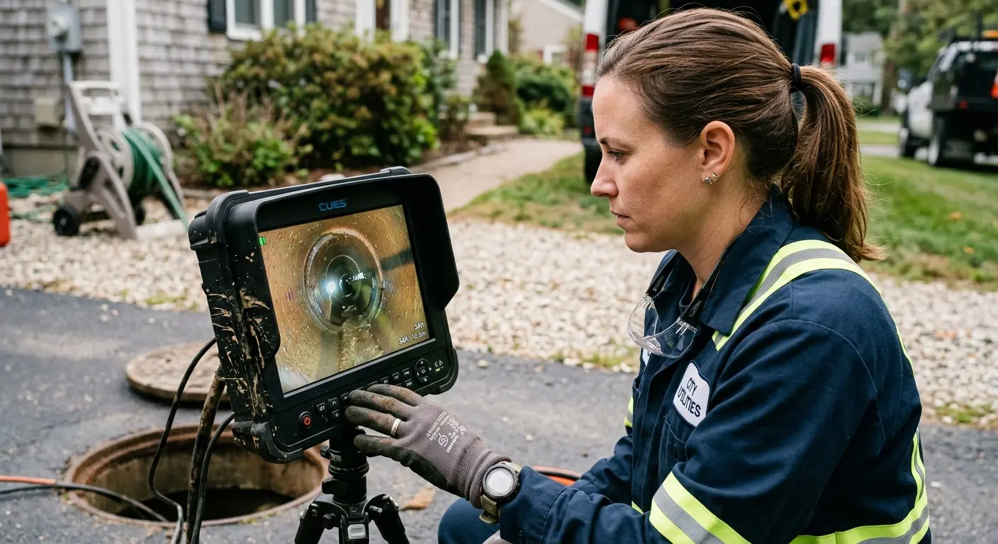 Technician reviewing sewer camera inspection footage in Country Club