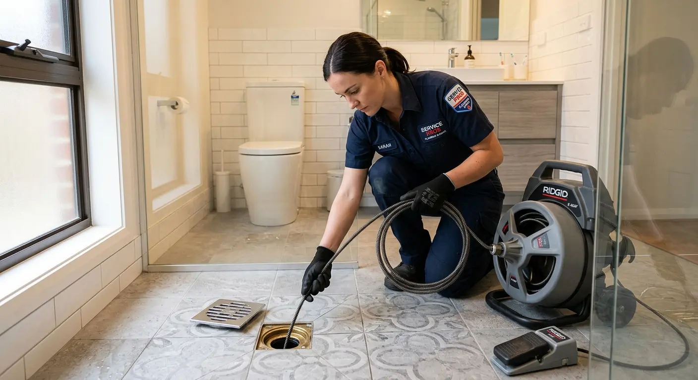 Technician clearing a bathroom floor drain for Hydro Jetting in Country Club